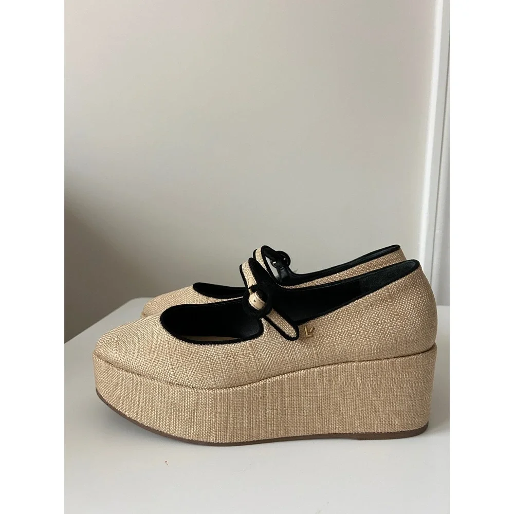 Larroude Brigitte Platform Mary Jane Raffia Natural Black Trim Shoes 8.5 NEW